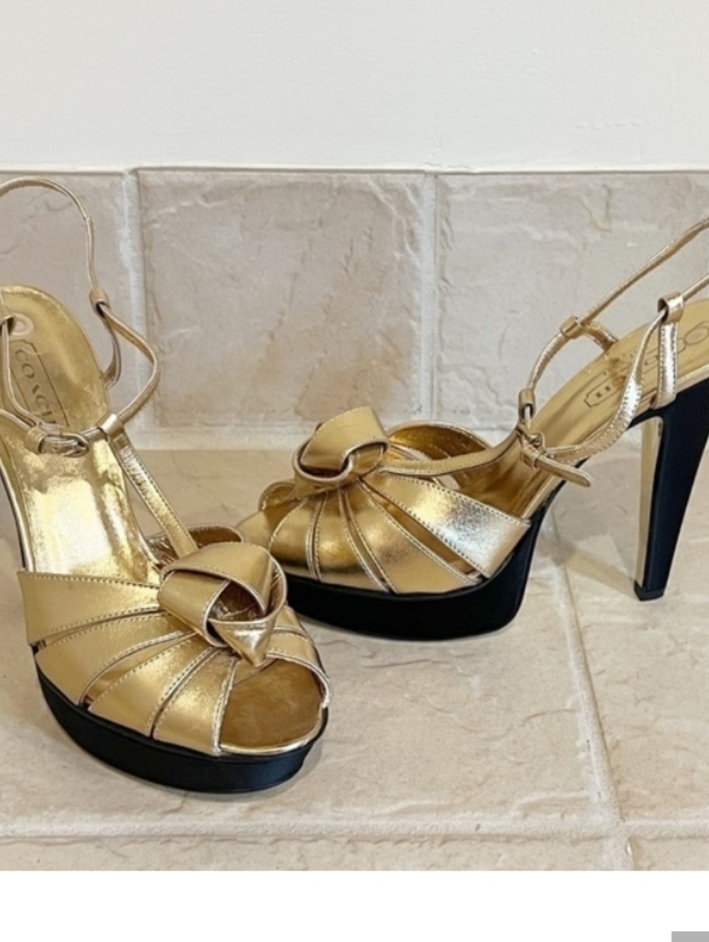 Coach Angelica gold leather & satin platform stiletto open toe heels siz…